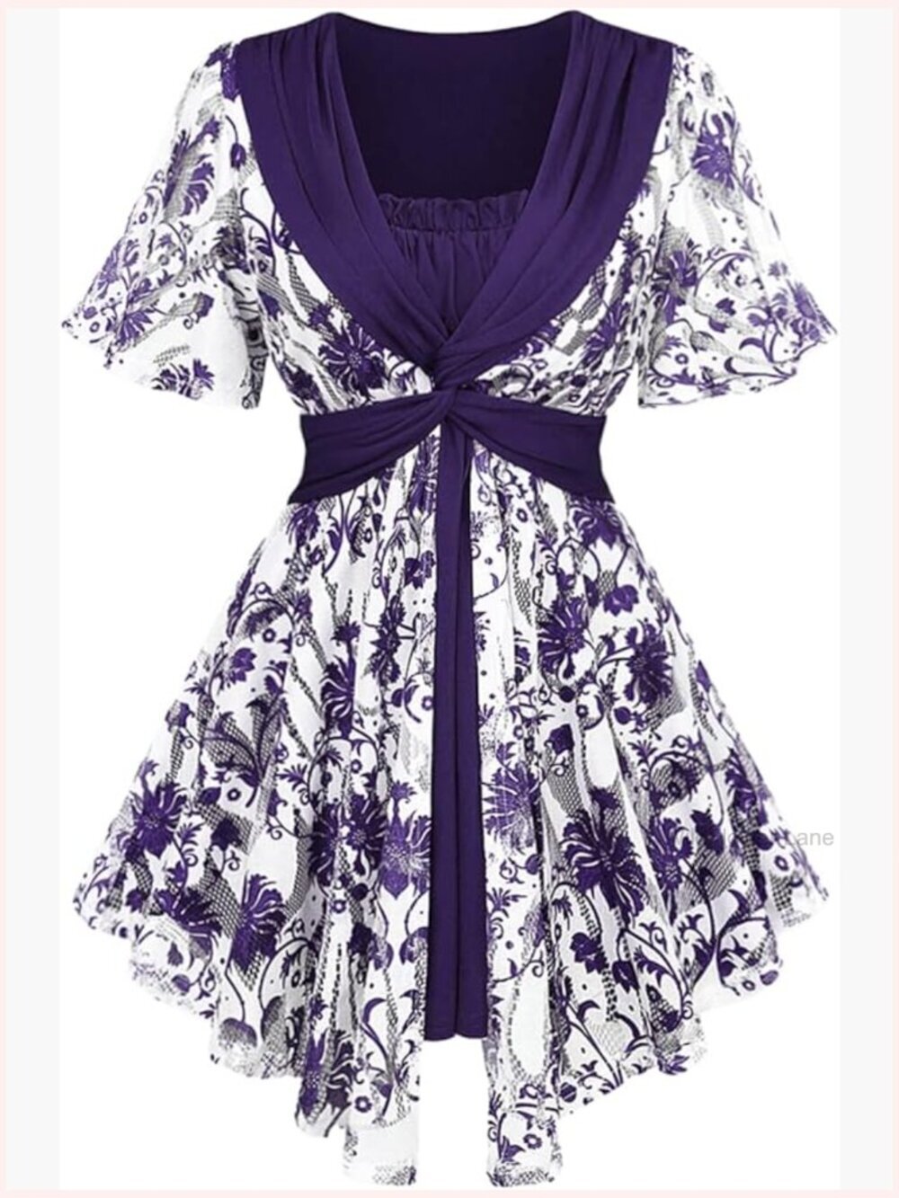 Plus Size Crochet Floral Print Pleated Twist Blouse Flutter Sleeve Top